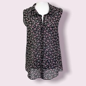 Zenobia Black Floral Sleeveless Button Down Top Sz L